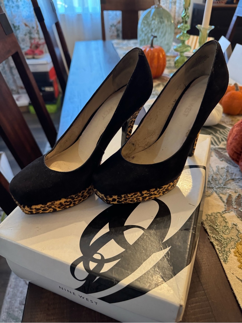 Nine West Black Suede Pumps with Leopard Platform Accent